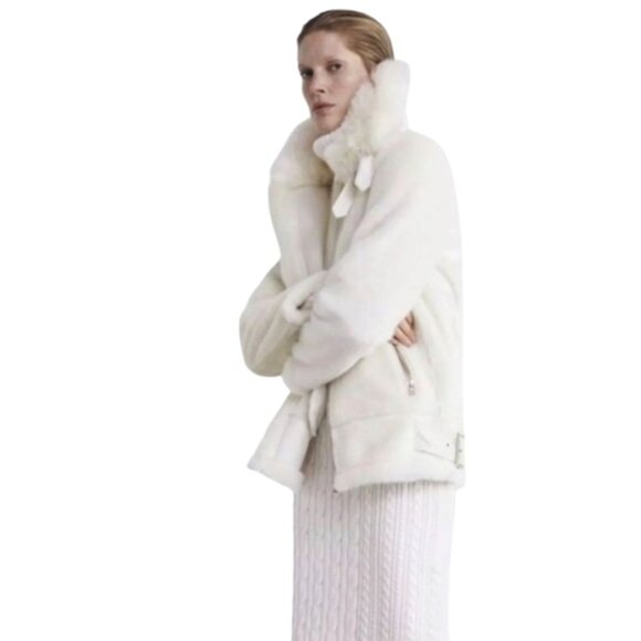 ZARA Women's White Fur Biker Wool Winter Jacket Coat Size Small - Picture 1 of 15